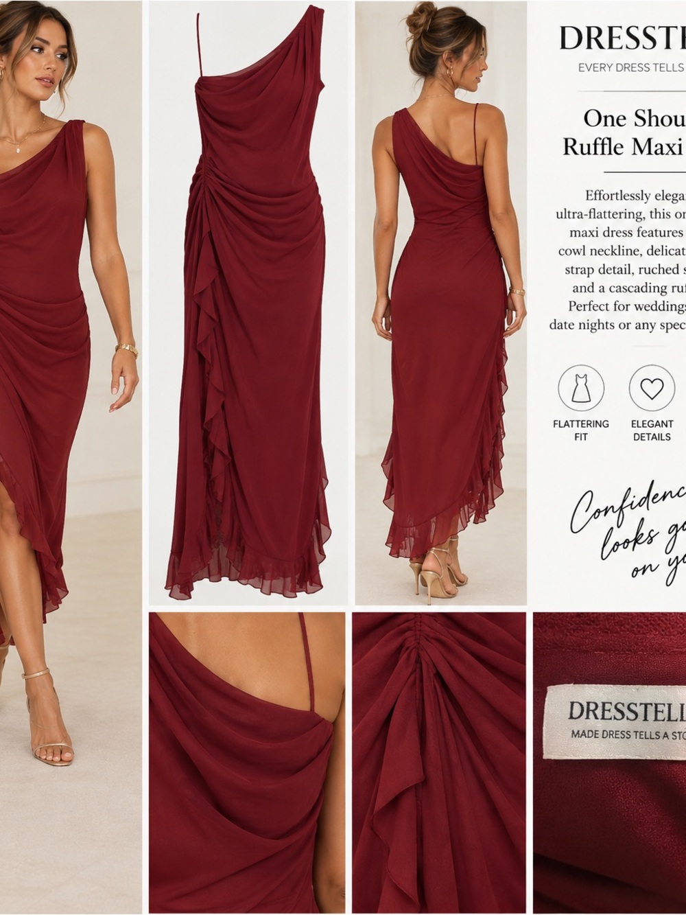 One-Shoulder Ruffle Maxi Dress in Burgundy